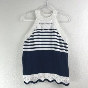 LOFT Sweater Tank Medium Navy White Nautical Striped Scallop Halter Knit Top